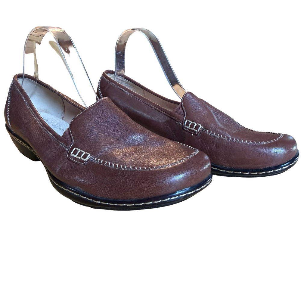 Softspots Brown Leather Slip On Low Block Heel Comfort Shoes Womens s 11 WW